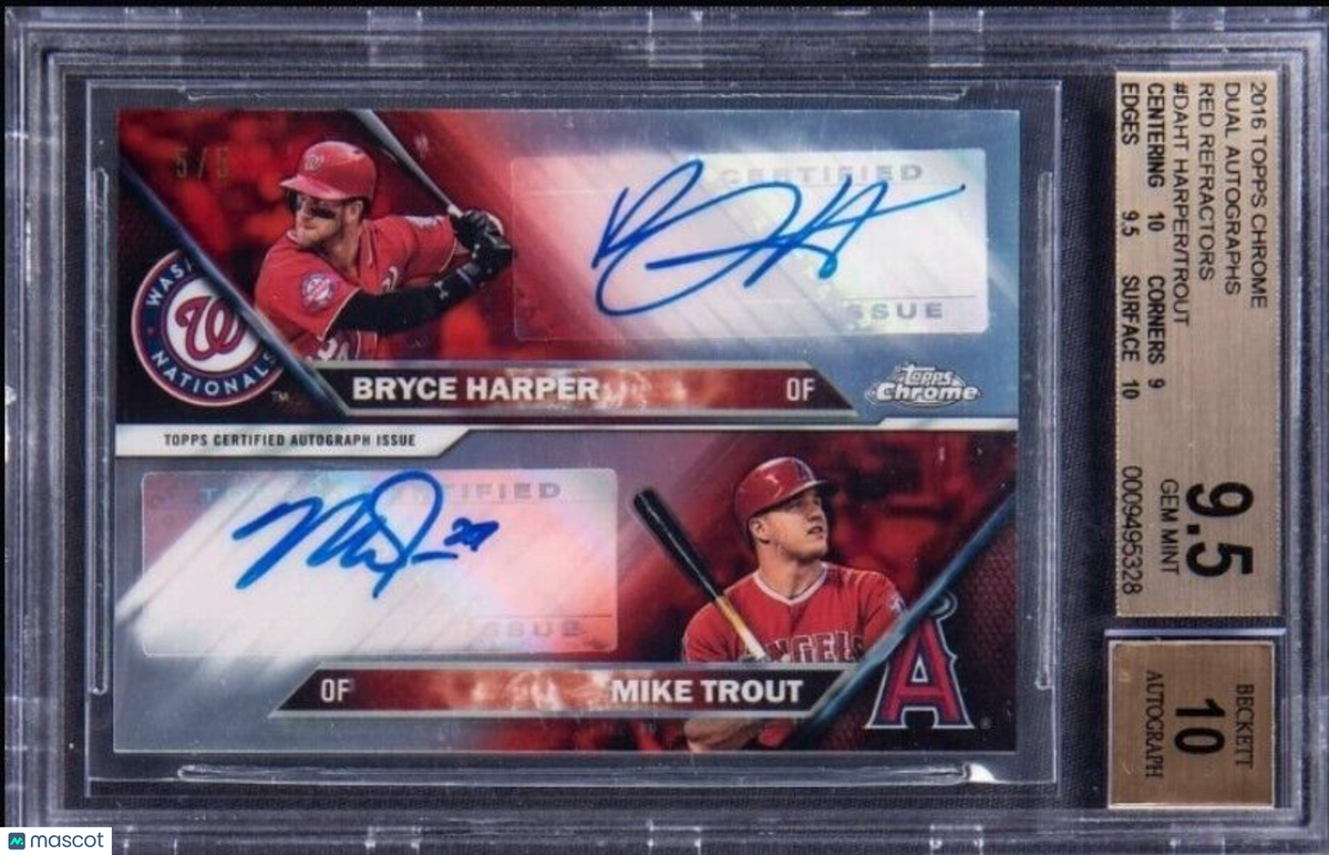 BRYCE HARPER MIKE TROUT TOPPS CHROME RED REFRACTOR AUTO #5/5 1/1 BGS 9.5/10