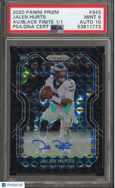 JALEN HURTS 2020 PANINI PRIZM ROOKIE BLACK FINITE RARE #1/1 PSA 9/10 AUTO 🔥