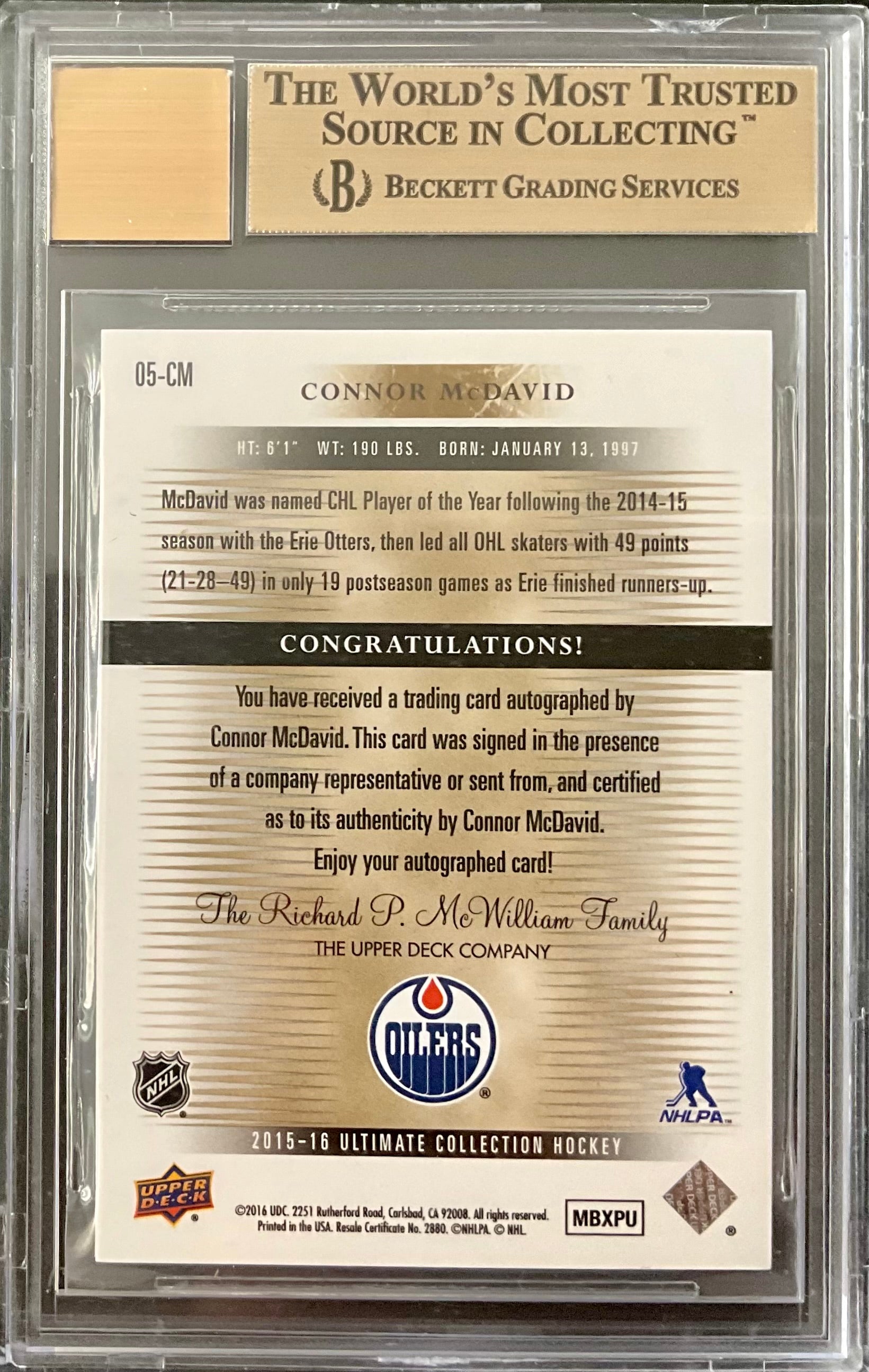 CONNOR MCDAVID 2015 UD ULTIMATE COLLECTION ROOKIE AUTO RC BGS 9.5 /175 TRUE GEM
