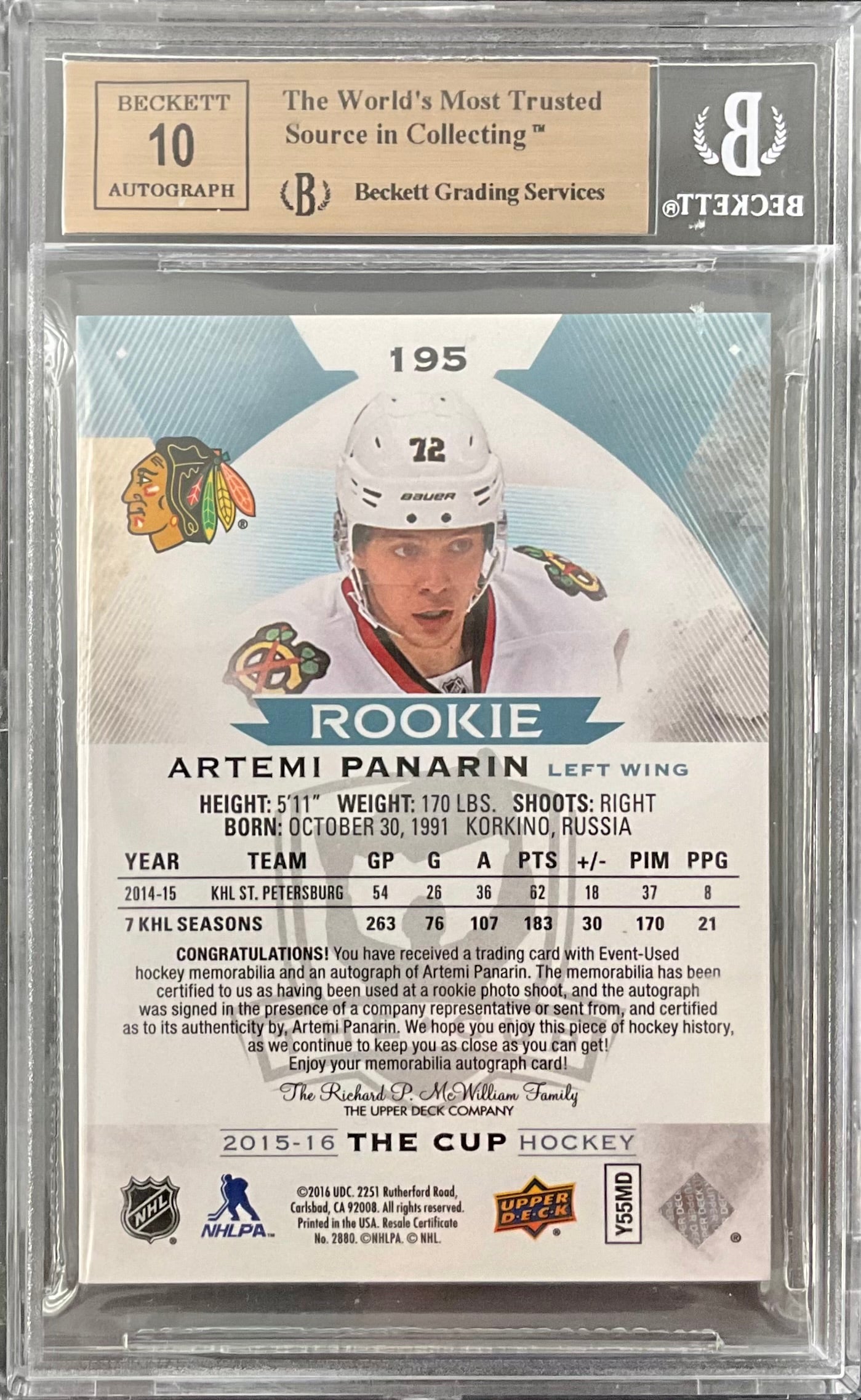 ARTEMI PANARIN 2015-16 UD THE CUP ROOKIE PATCH AUTO #/99 BGS 9.5/10 RANGERS