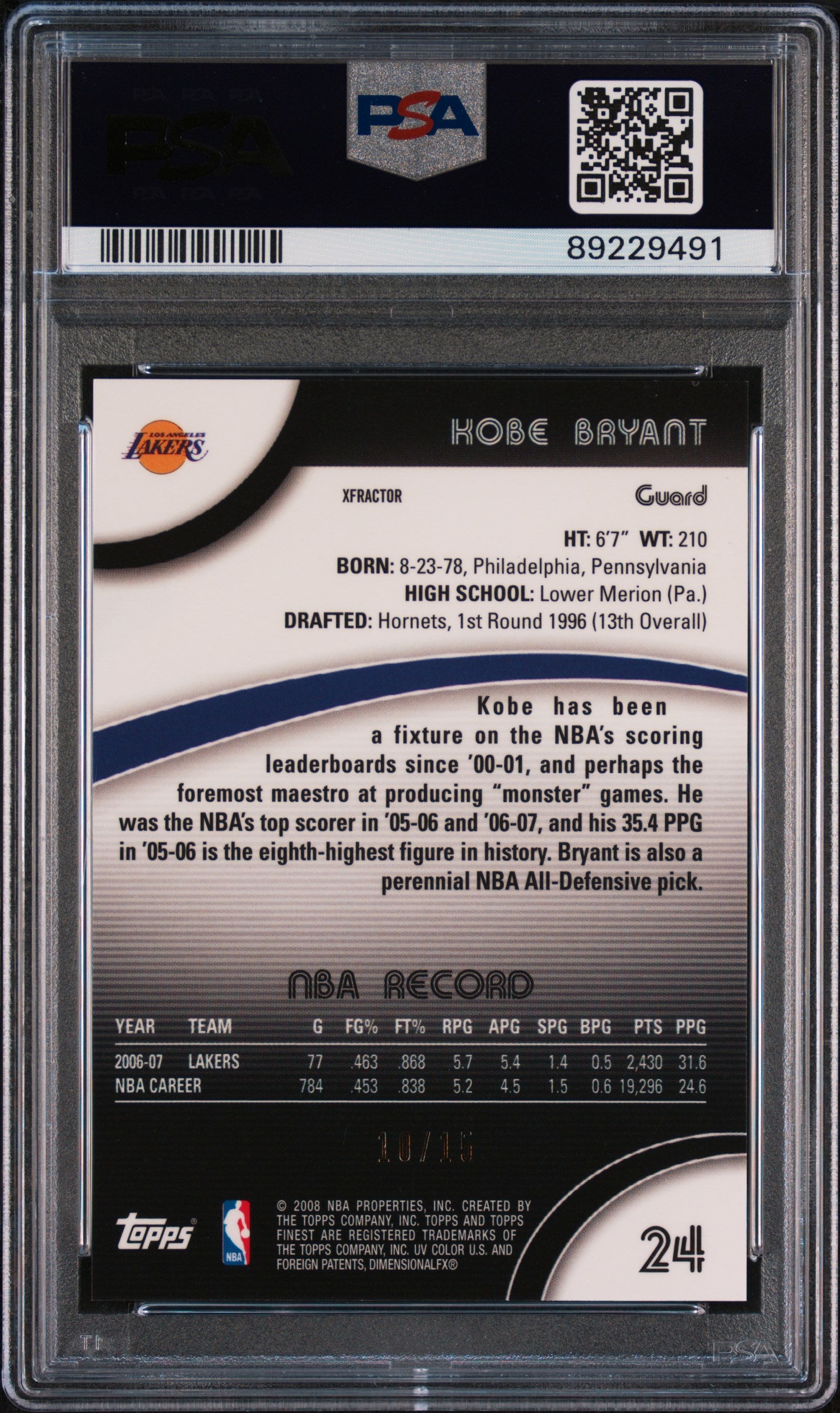 2007 Topps Finest Kobe Bryant #24 PSA 8 Xfractor X-fractor #10/15 SSP  Lakers
