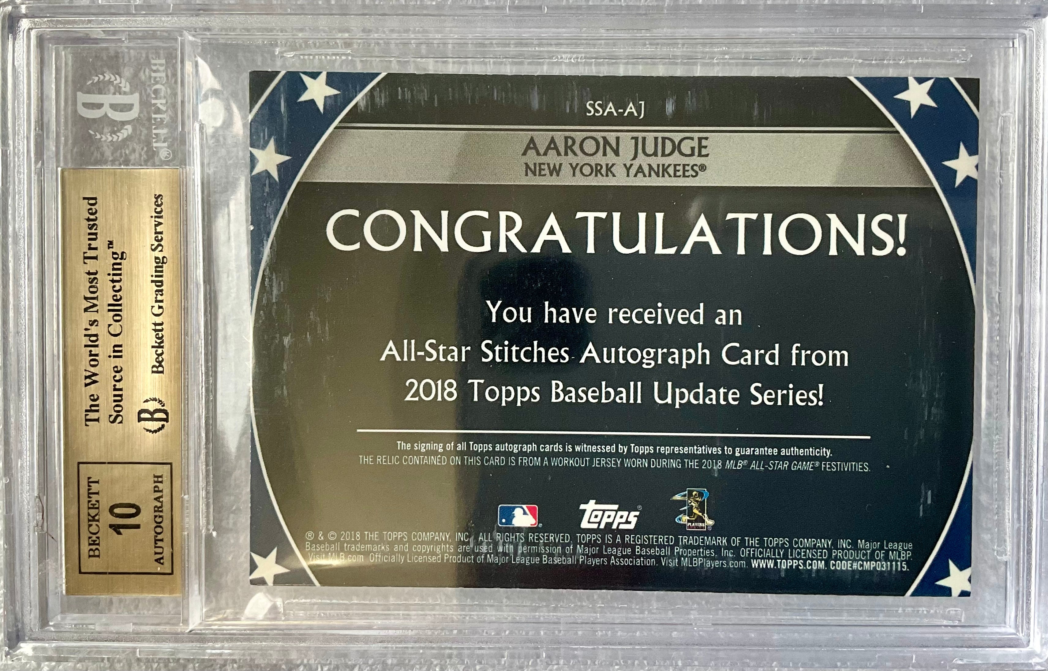 2018 Topps Update All Star Logo Patch Autograph Red Aaron Judge #/5 BGS 9.5/10
