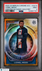 2022-23 Topps Merlin Chrome UEFA Ageless Alchemy Lionel Messi Gold Ref /50 PSA 9