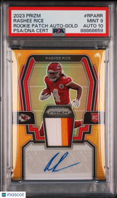 2023 Panini Prizm Rookie Patch Autograph Rashee Rice Gold #/10 Auto PSA 9