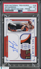 2020 National Treasures Rookie NFL Gear Joe Burrow Prime Auto Patch /25 PSA 8
