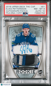 2018 Upper Deck The Cup Elias Pettersson #61 PSA 8 RPS Rookie Auto Patch #/99