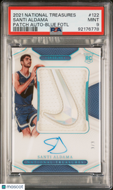 2021 National Treasures RPA FOTL Santi Aldama AUTO  PATCH ROOKIE #3/3 PSA 9