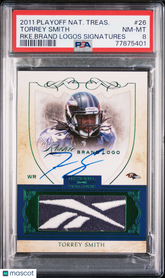 2011 National Treasures Rookie Brand Logo Patch Auto Torrey Smith /10 PSA 8