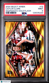 2024 Select WNBA Snapshots Caitlin Clark #12 Gold Flash Prizm #/10 Rookie PSA 9