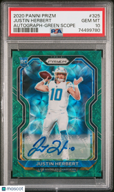2020 Panini Prizm Justin Herbert #325 Green Scope Auto Rookie #/75 PSA 10