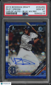 2019 Bowman Chrome DP Autograph Riley Greene Blue Wave Refractor /150 PSA 10