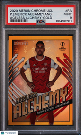 2020 Topps Merlin Chrome UEFA CL Ageless Alchemy Emerick Aubameyang Gold PSA 9