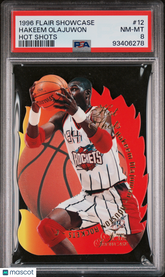 1996-97 Flair Showcase Hot Shots Hakeem Olajuwon 12 Die-Cut Insert PSA 8 Rockets
