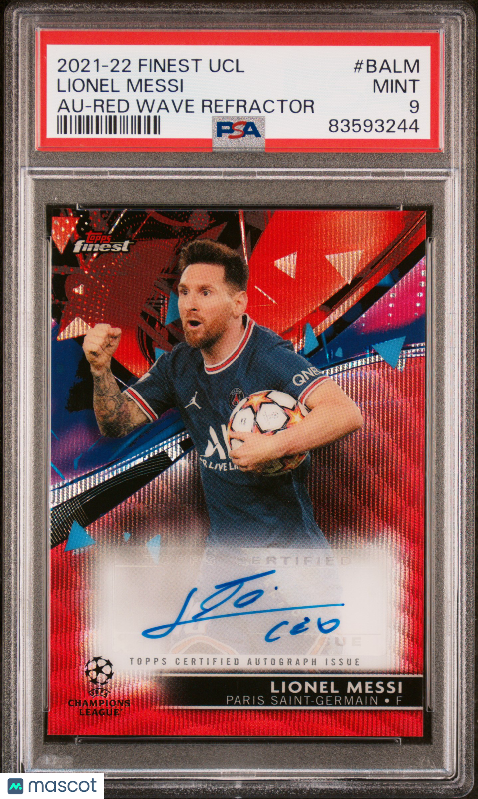 2021-2022 Topps Finest UEFA Red Wave Refractor #/5 Auto Lionel Messi PSA 9
