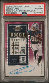 2020 PANINI CONTENDERS OPTIC CEEDEE LAMB AUTOGRAPH-PURPLE PULSAR #107 #/21 PSA 10