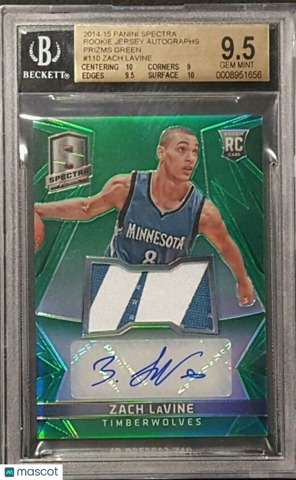 ZACH LAVINE 2014-15 SPECTRA GREEN PRIZM AUTO PATCH ROOKIE #/5 1/1 BGS 9.5/10 BUL