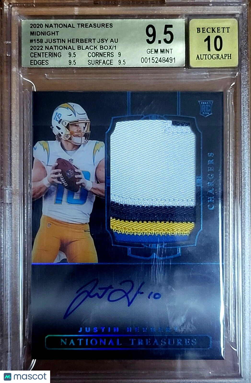 JUSTIN HERBERT 2020 NATIONAL TREASURES BOX 1/1 BGS 9.5 10 RC AUTO PATCH MIDNIGHT