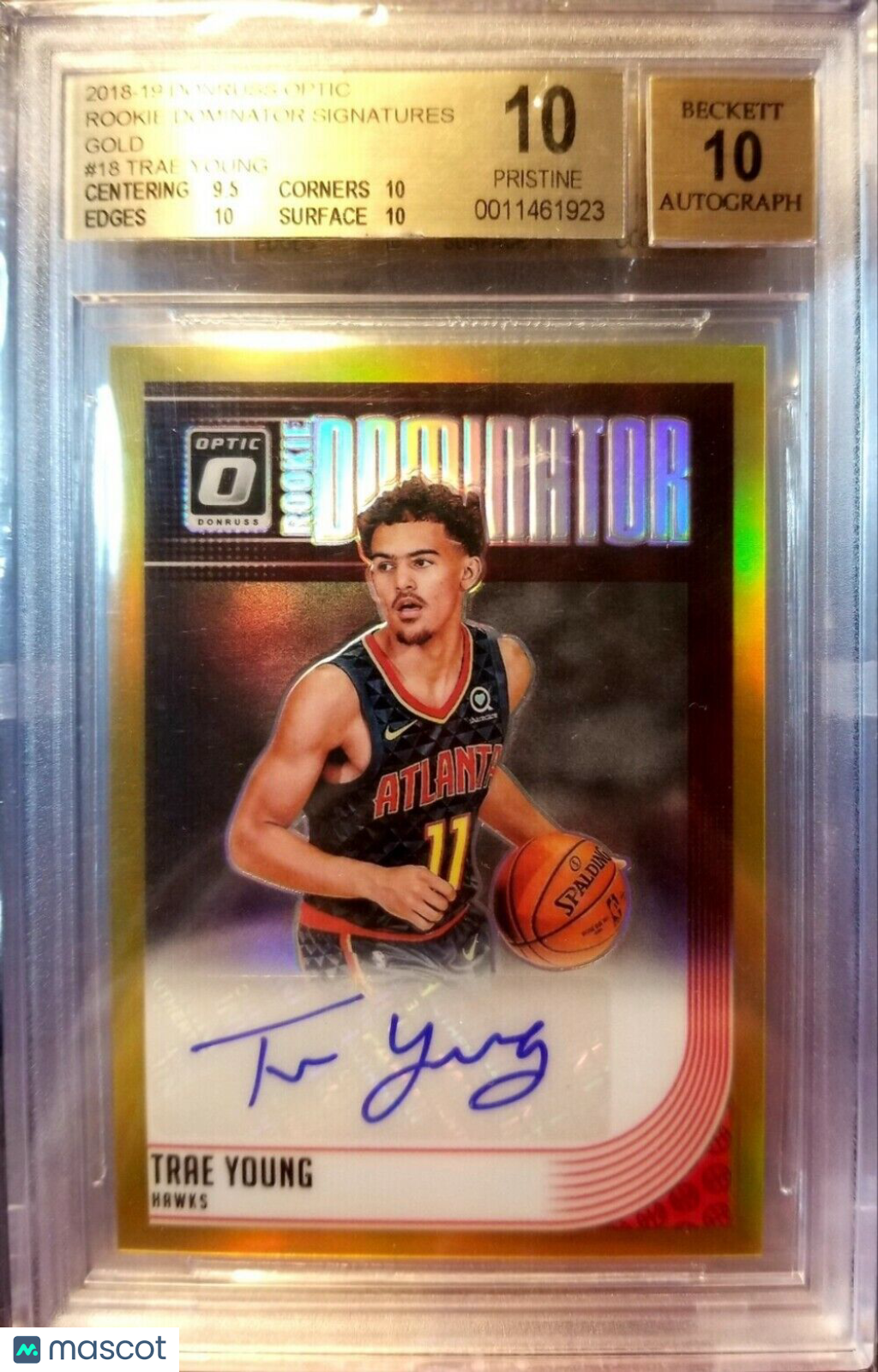 TRAE YOUNG 2018 OPTIC DOMINATORS GOLD PRIZM AUTO #/10 BGS 10 AUTO