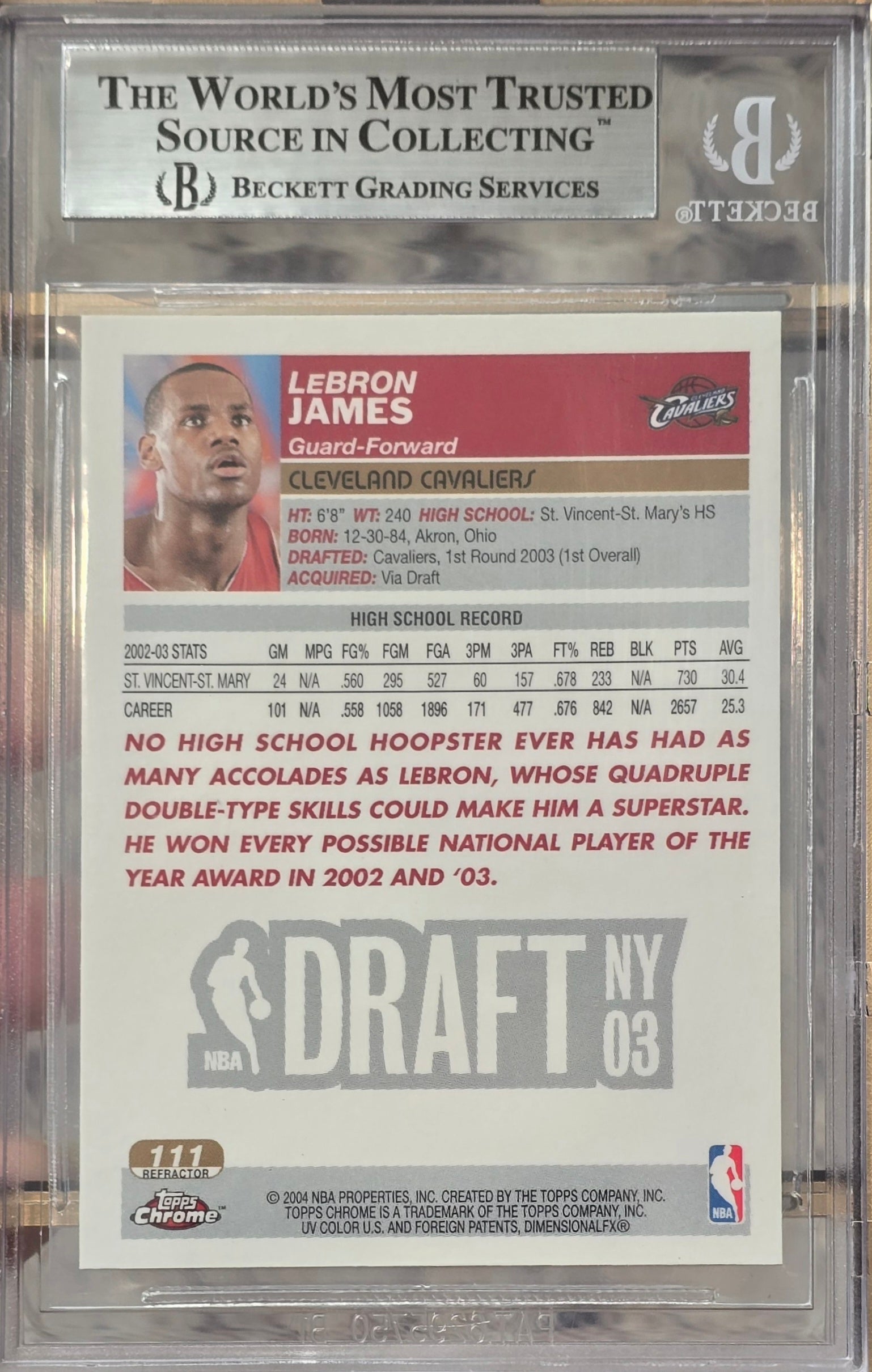 2003 Topps Chrome Refractor LeBron James #111 Rookie SP BGS 9 Mint .5 away