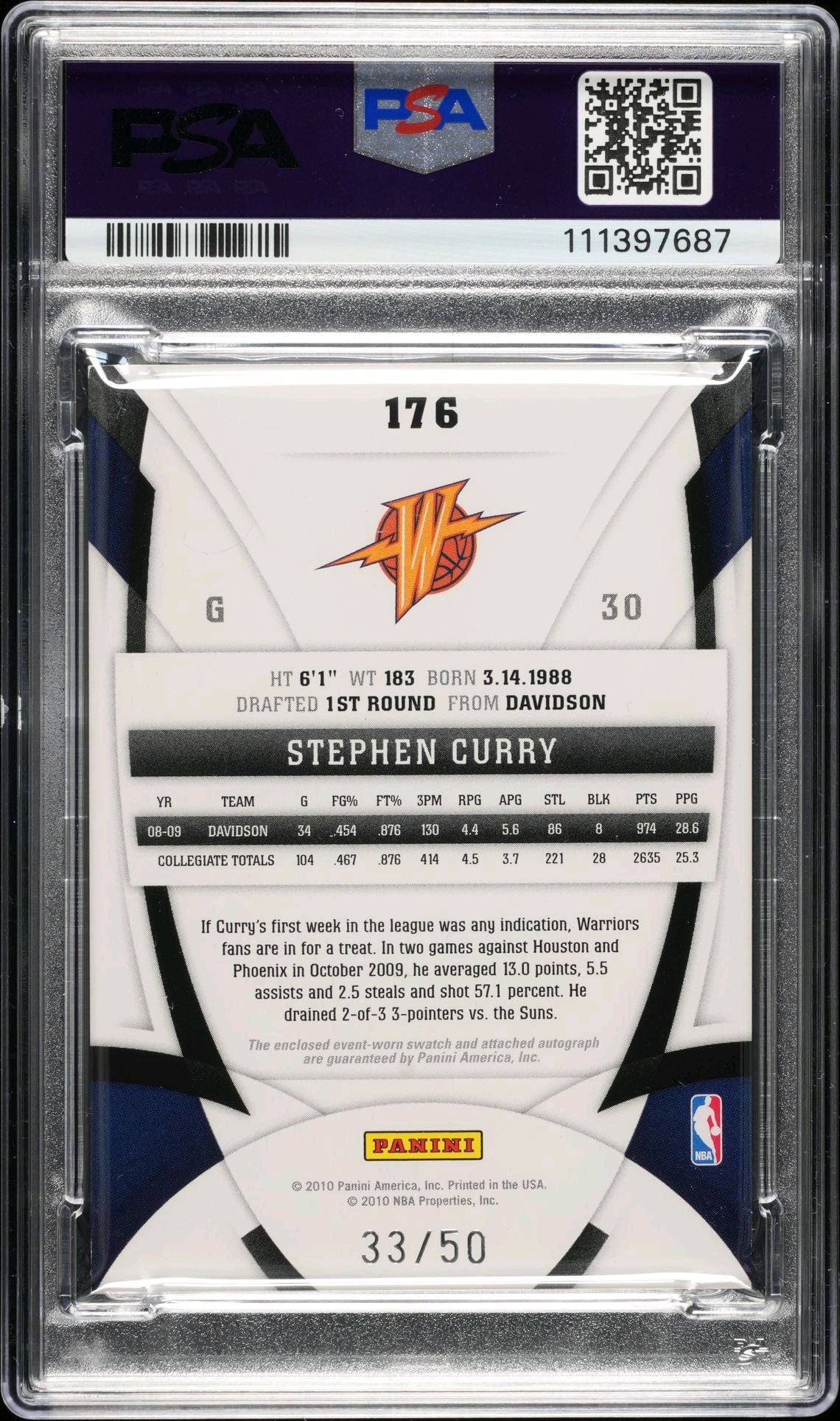 2009 Panini Certified Stephen Curry Auto Jersey Blue #176 PSA 7/10 Autograph