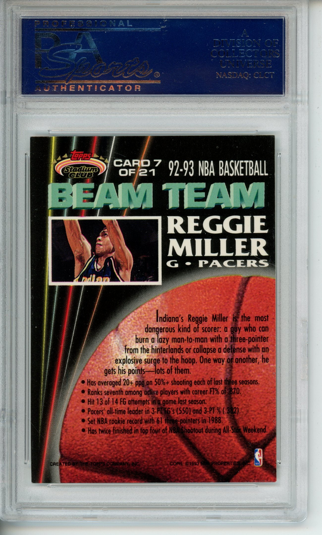 1992-93 Stadium Club Reggie Miller #7 Beam Team PSA 10 Gem Indiana Pacers HOF