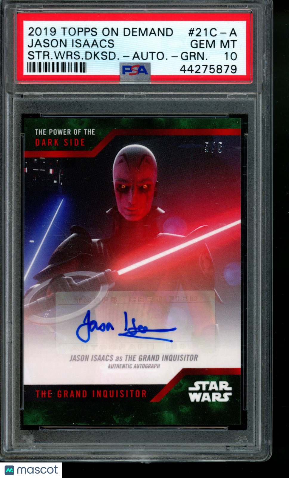 '19 Topps On Demand Star Wars Darkside Jason Isaacs Green Auto 5/5 PSA 10 POP 1