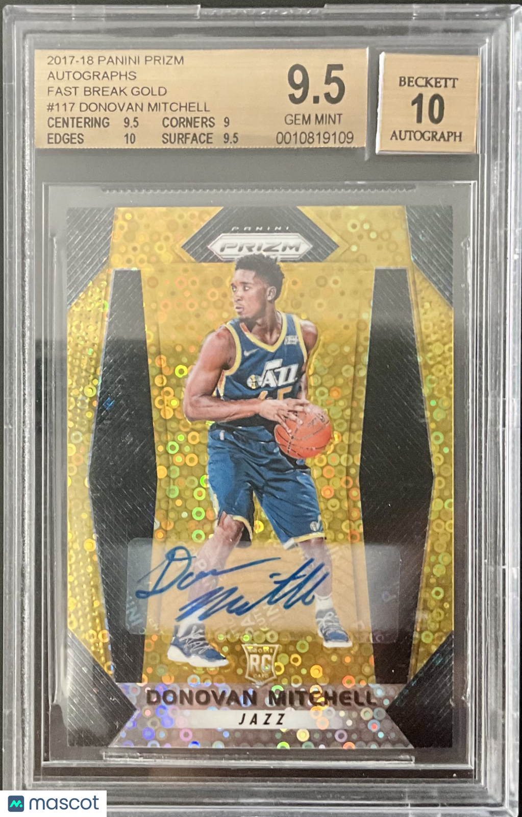 DONOVAN MITCHELL 2017 PRIZM FAST BREAK GOLD ROOKIE RC AUTO #/10 1/1 BGS 9.5/10