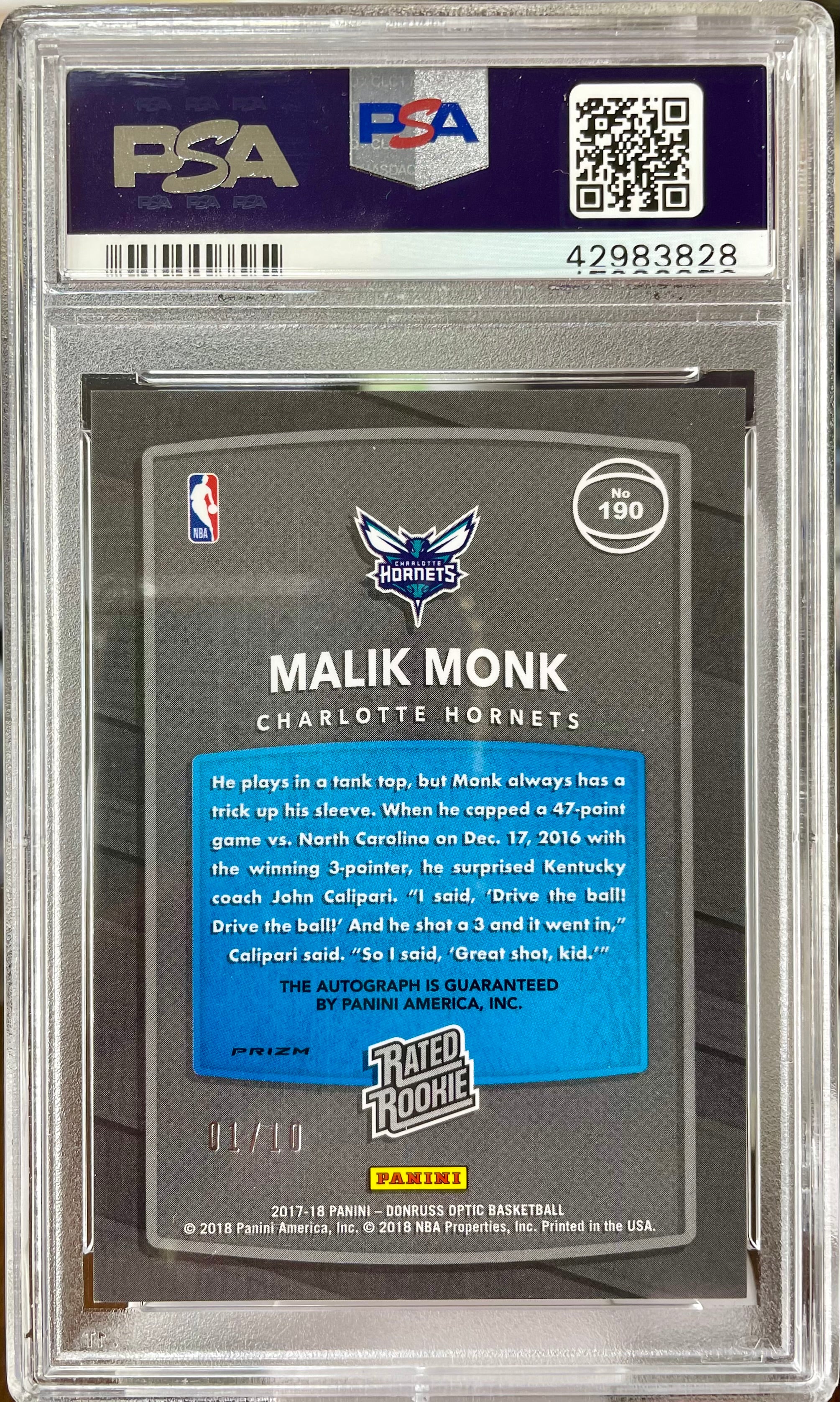 2017 Panini Donruss Optic Malik Monk #190 PSA 10 Gold Prizm Auto #/10 Rookie