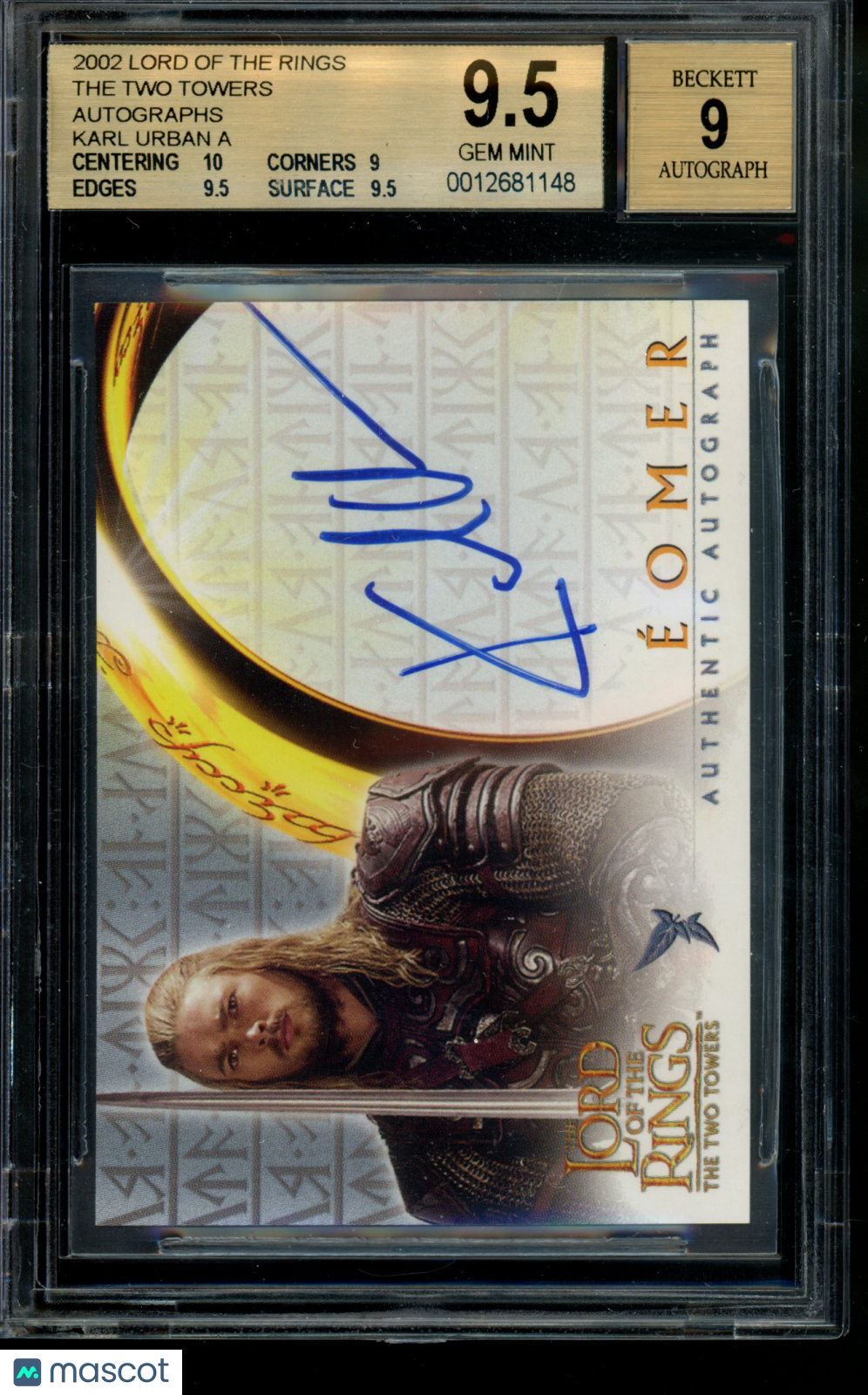 Topps Lord of the Rings Two Towers Autograph Karl Urban Eomer LOTR Auto BGS 9.5