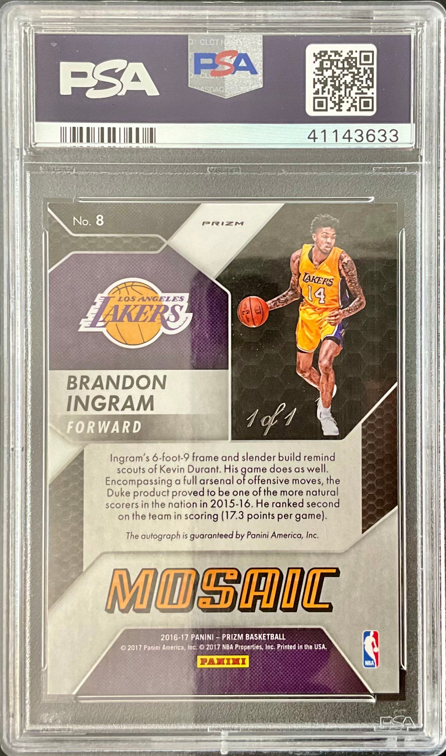 BRANDON INGRAM 2016-17 PRIZM MOSAIC BLACK #1/1 AUTO AUTOGRAPH ROOKIE PSA 10