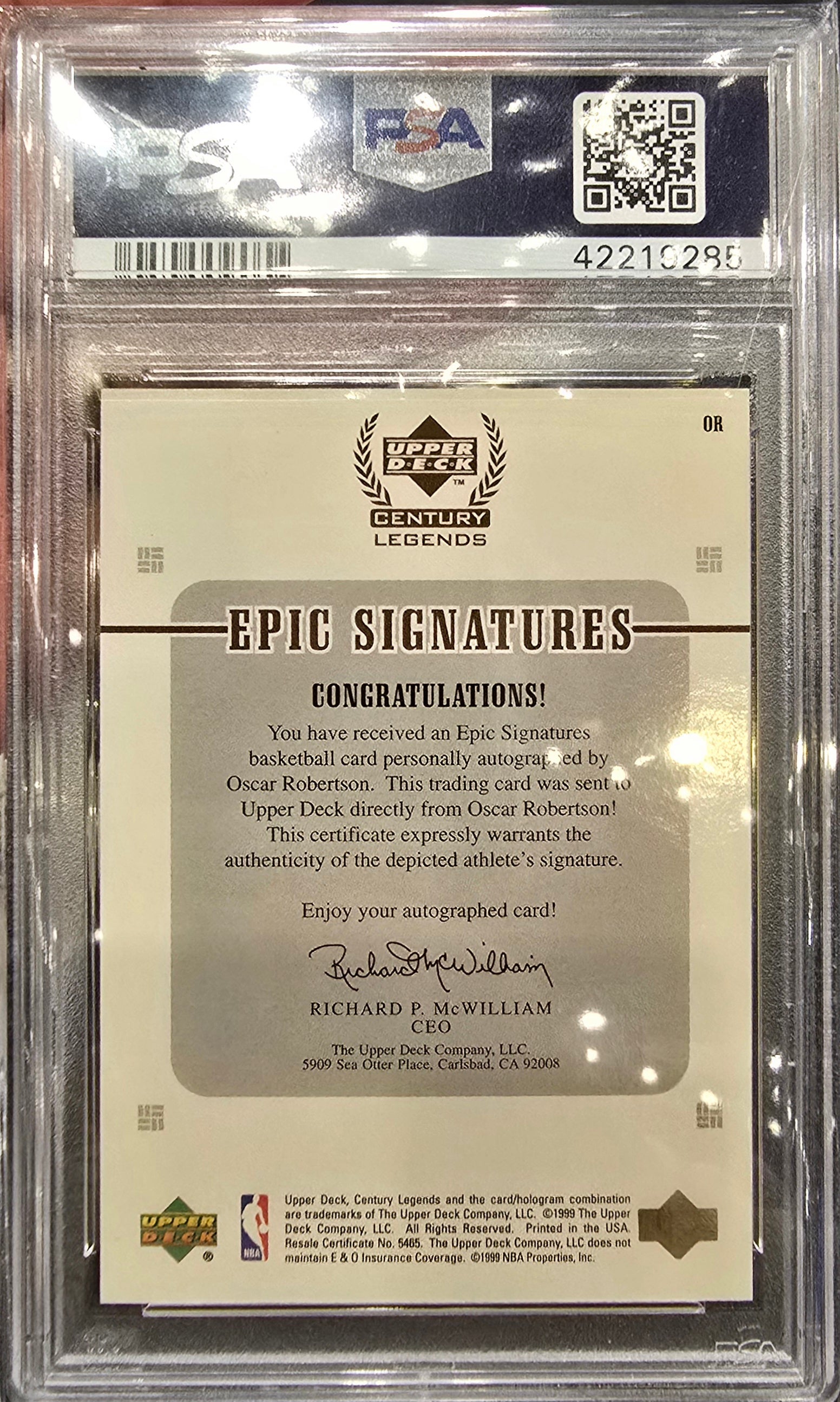 1998 Upper Deck Century Legends Epic Oscar Robertson Nickname Auto PSA 10