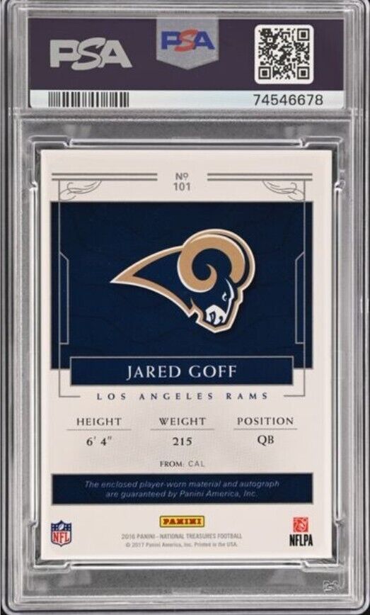 JARED GOFF '16 NATIONAL TREASURES PLATINUM 1/1 ROOKIE NFL SHIELD PATCH AUTO PSA