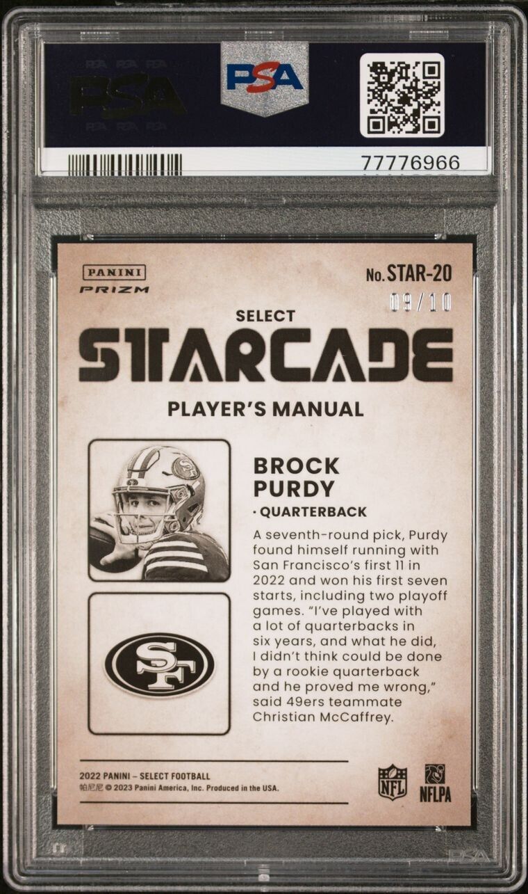 BROCK PURDY 2022 PANINI SELECT STARCADE RC 49ers ROOKIE GOLD PRIZM #/10 PSA 10