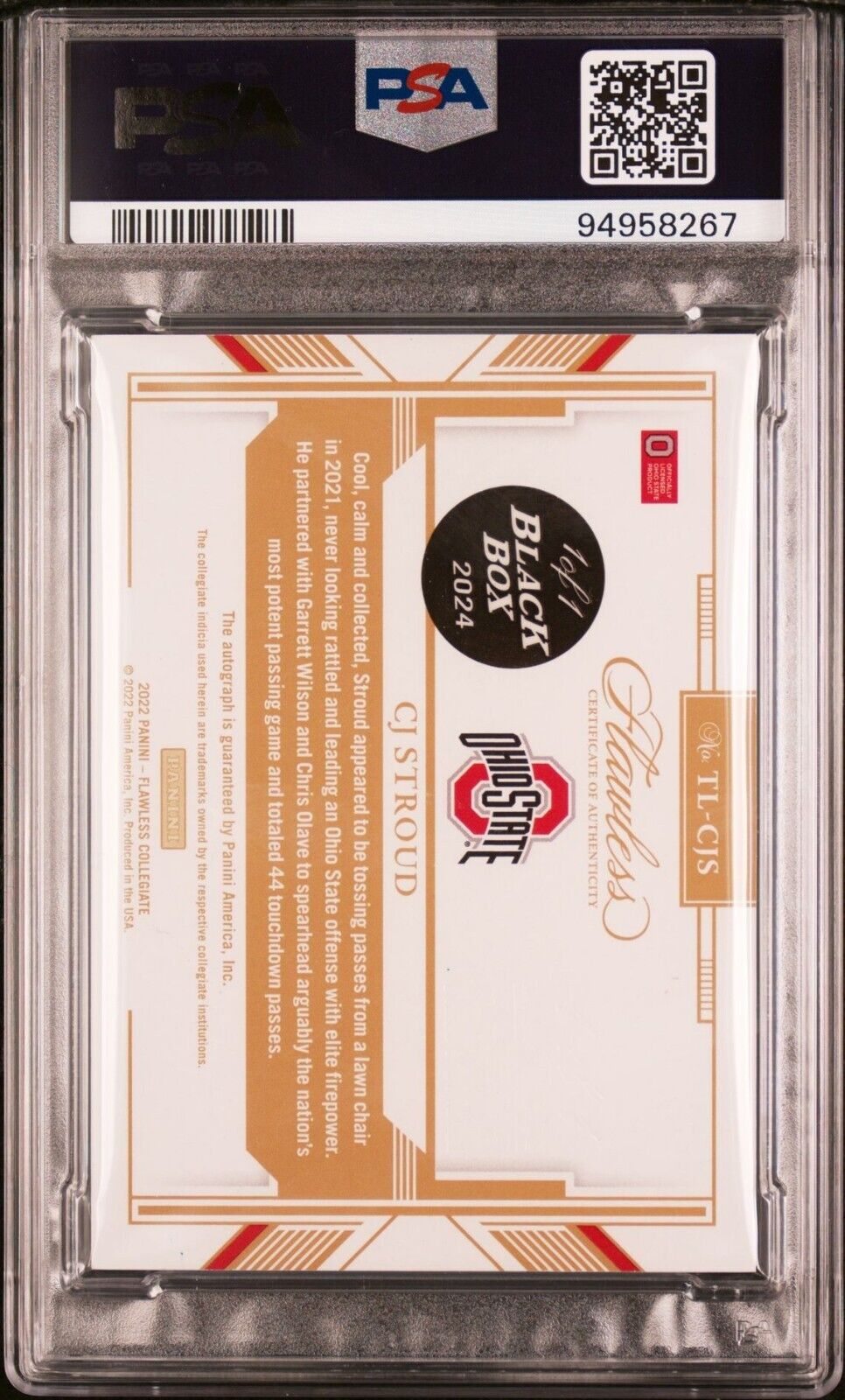 CJ STROUD 2022 FLAWLESS TEAM LOGO ROOKIE AUTO PLATINUM 1/1 '24 BOX PSA 10/10 GEM