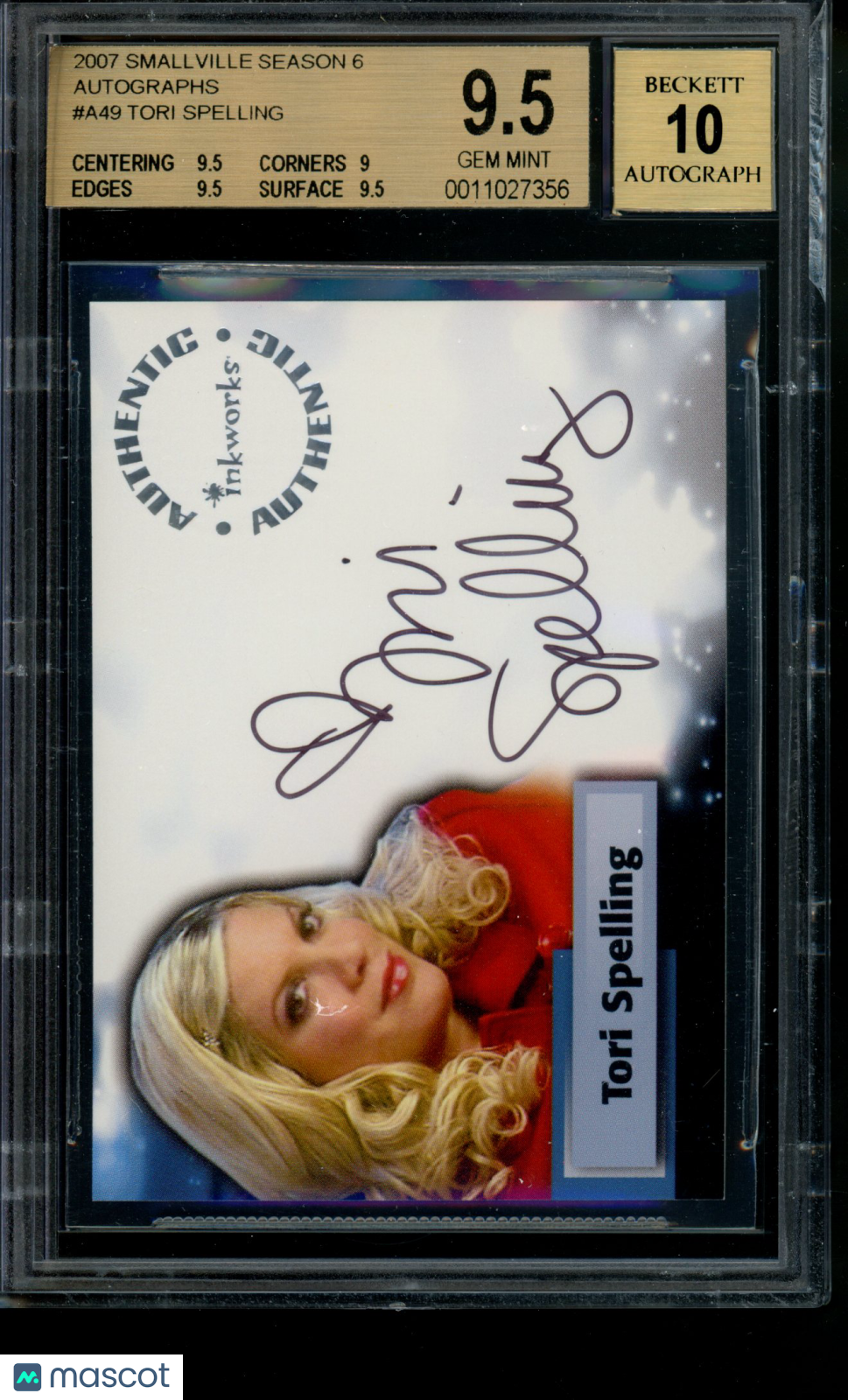 2007 Smallville S6 Autograph Tori Spelling as Linda Lake Auto BGS 9.5/10