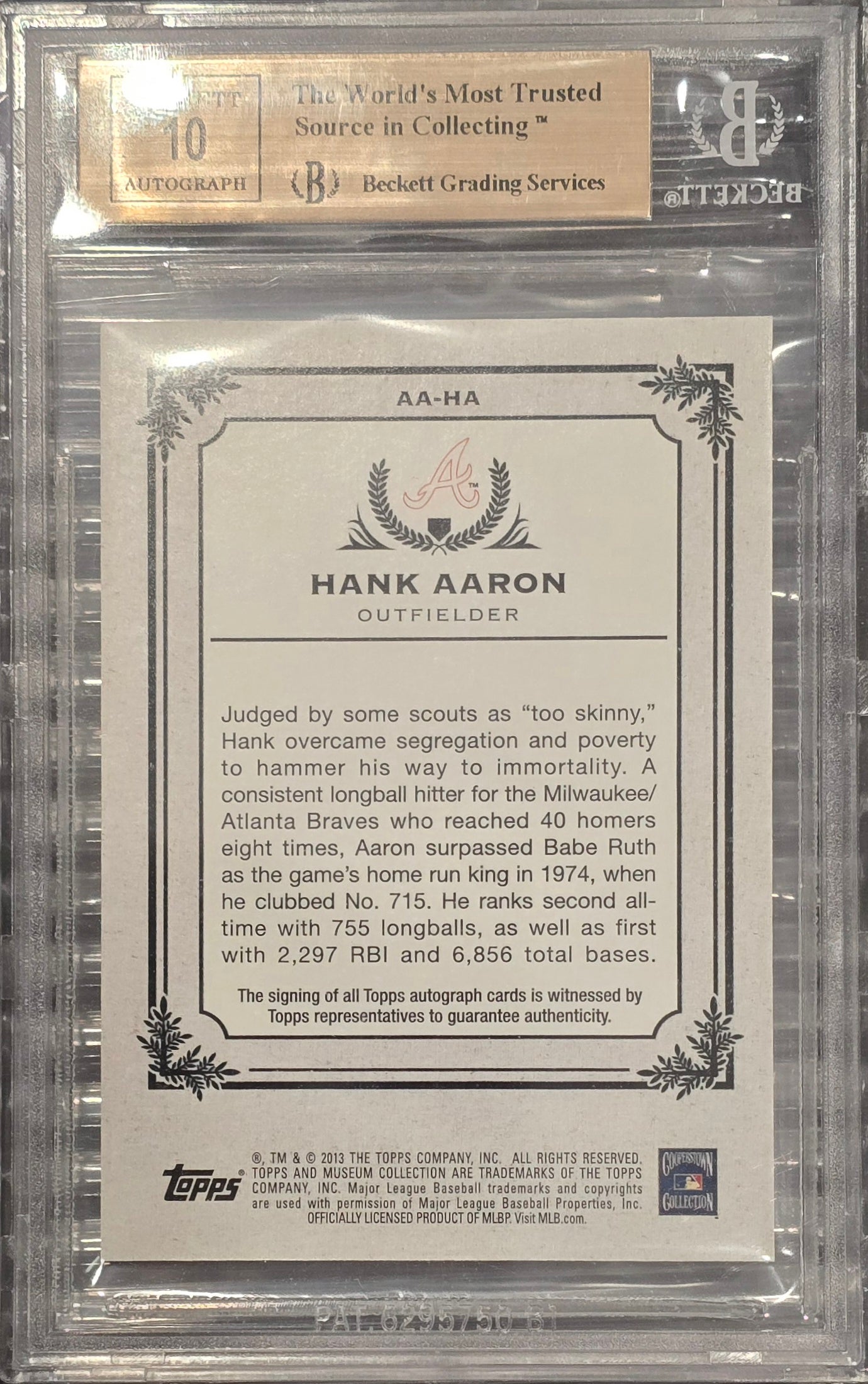 2013 Topps Museum Coll On Card Autograph Hank Aaron EXCH #/20 BGS 9.5 Auto 10