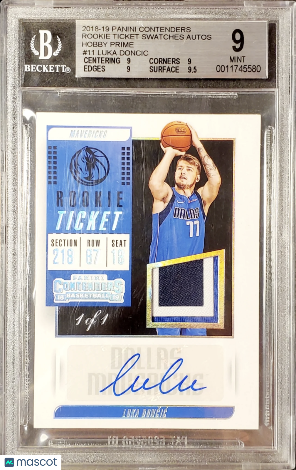 LUKA DONCIC 2018-19 CONTENDERS ROOKIE TICKET PRIME PATCH AUTO #1/1 BGS 9/10 AUTO