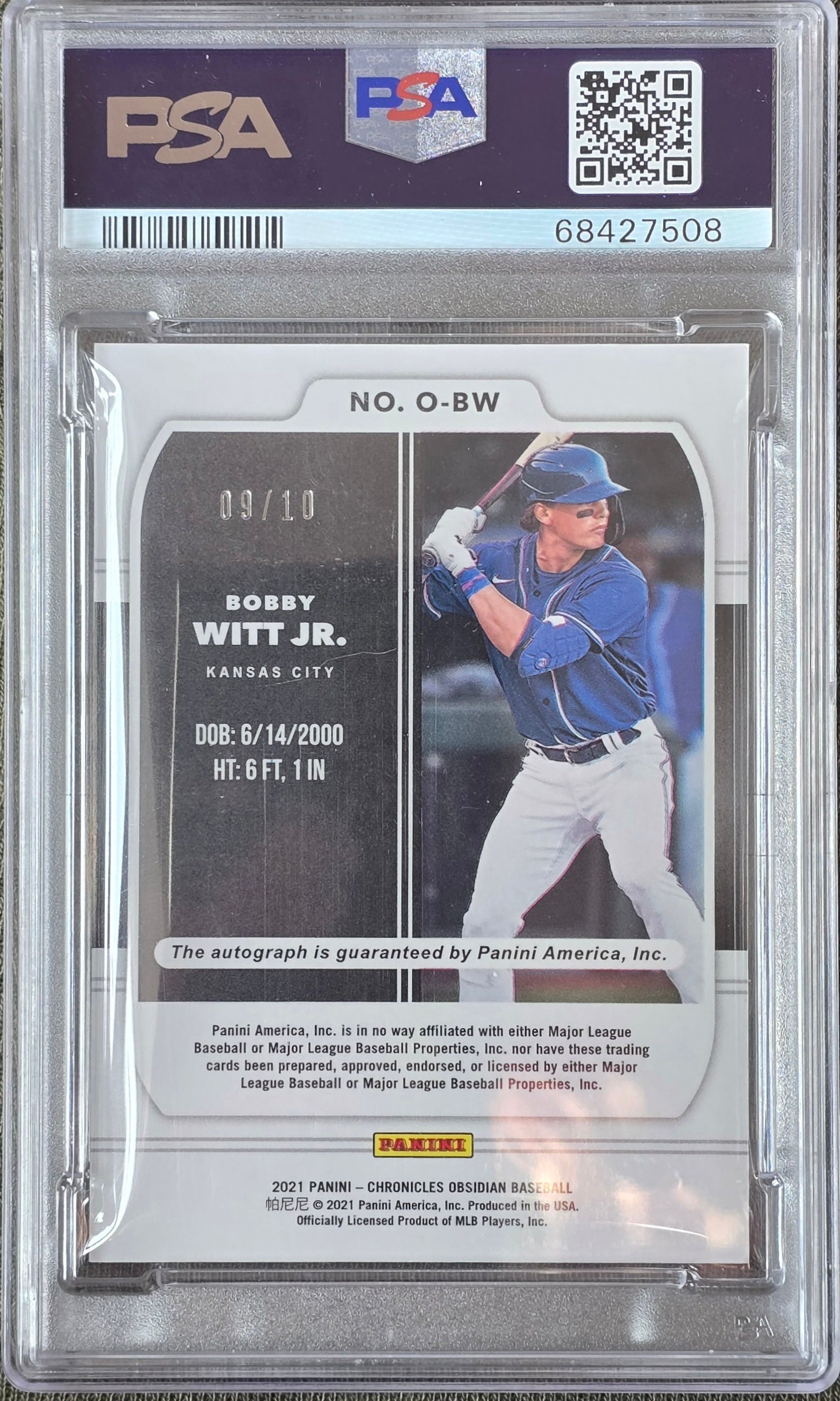 2021 Chronicles Obsidian Auto Bobby Witt JR Electric Etch Yellow Gold /10 PSA 9