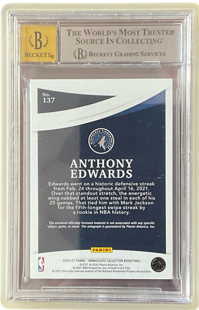 2020 Immaculate Collection Anthony Edwards 3 Clr Patch #137 Rookie BGS 9 Auto 10
