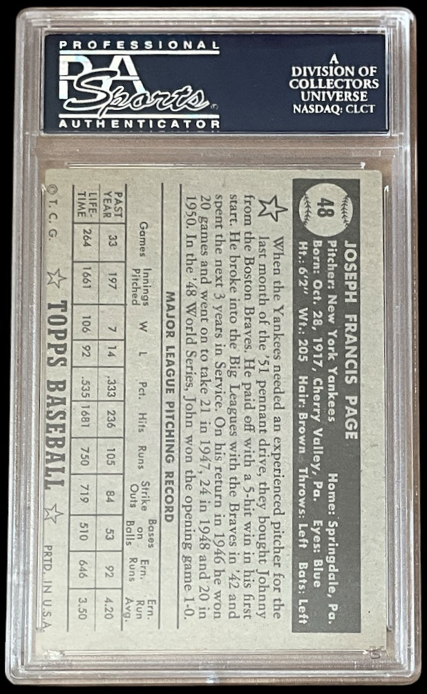 1952 Topps Joe Page #48 Johnny Sain Bio Black Back Error PSA 6 Yankees