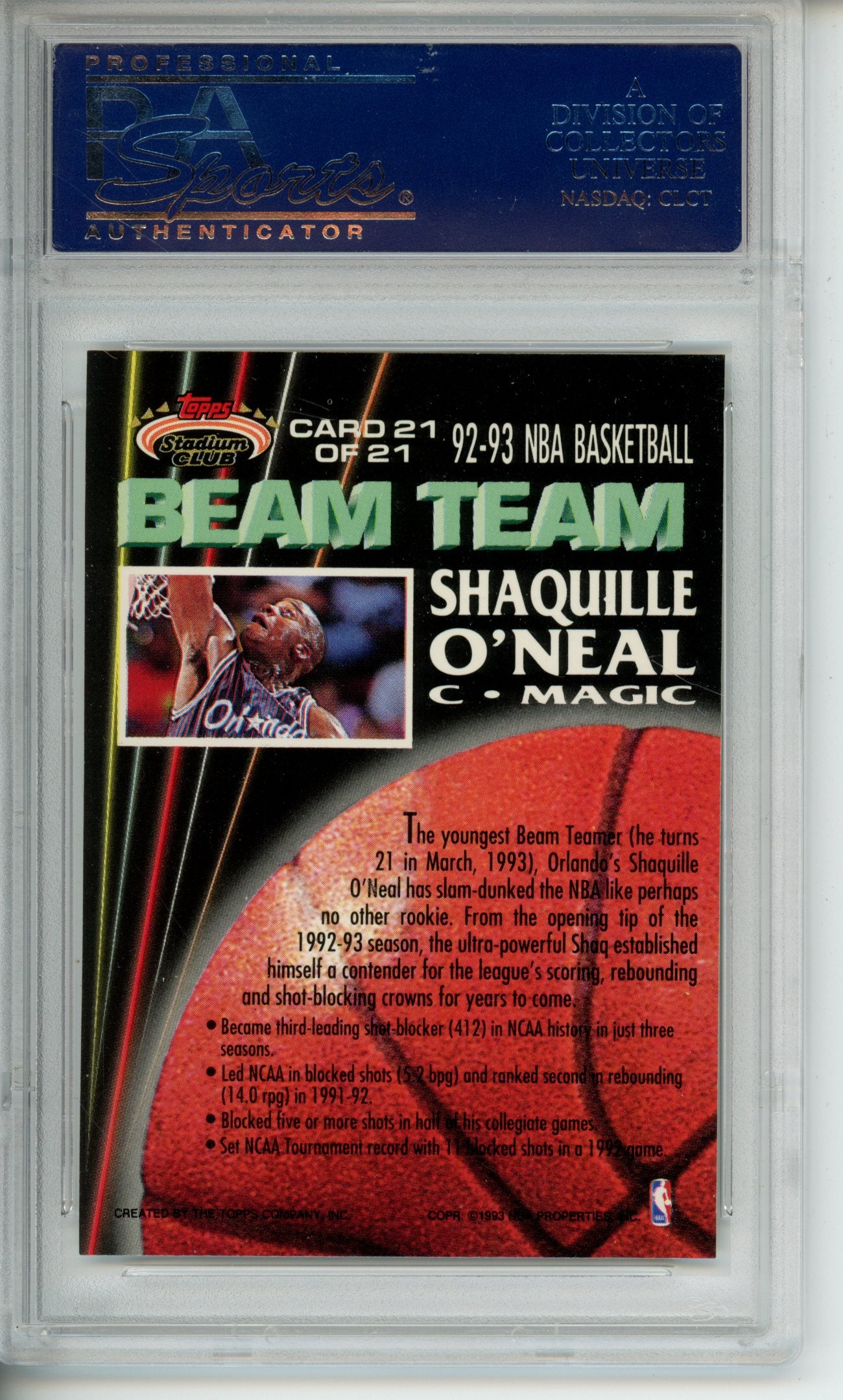 1992-93 Stadium Club Shaquille O'Neal #21 Beam Team Rookie PSA 10 Gem Mint Magic