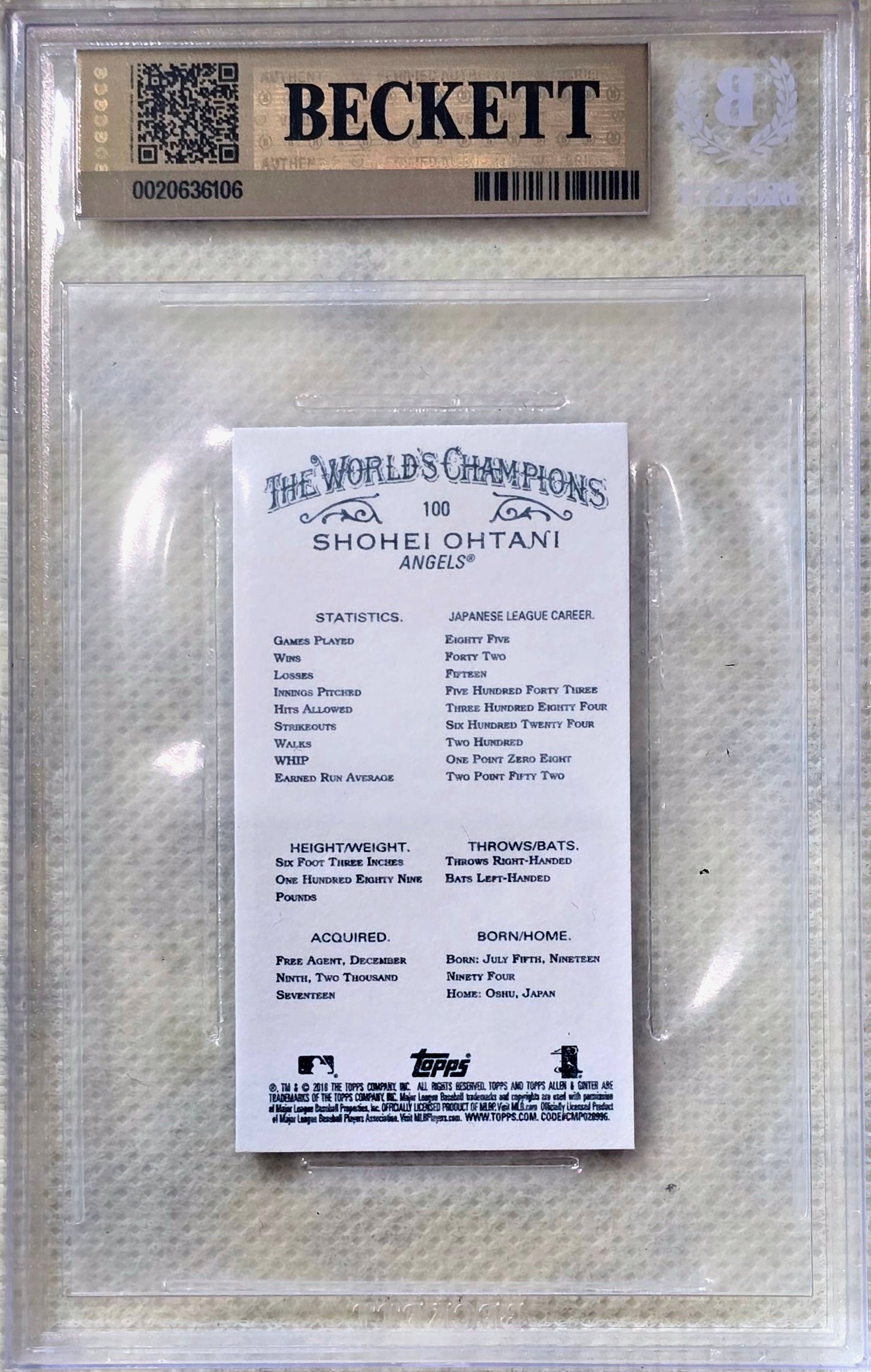 2018 Topps Allen and Ginter X Mini Shohei Ohtani #100 BGS 9.5 Black Rookie Pop 2