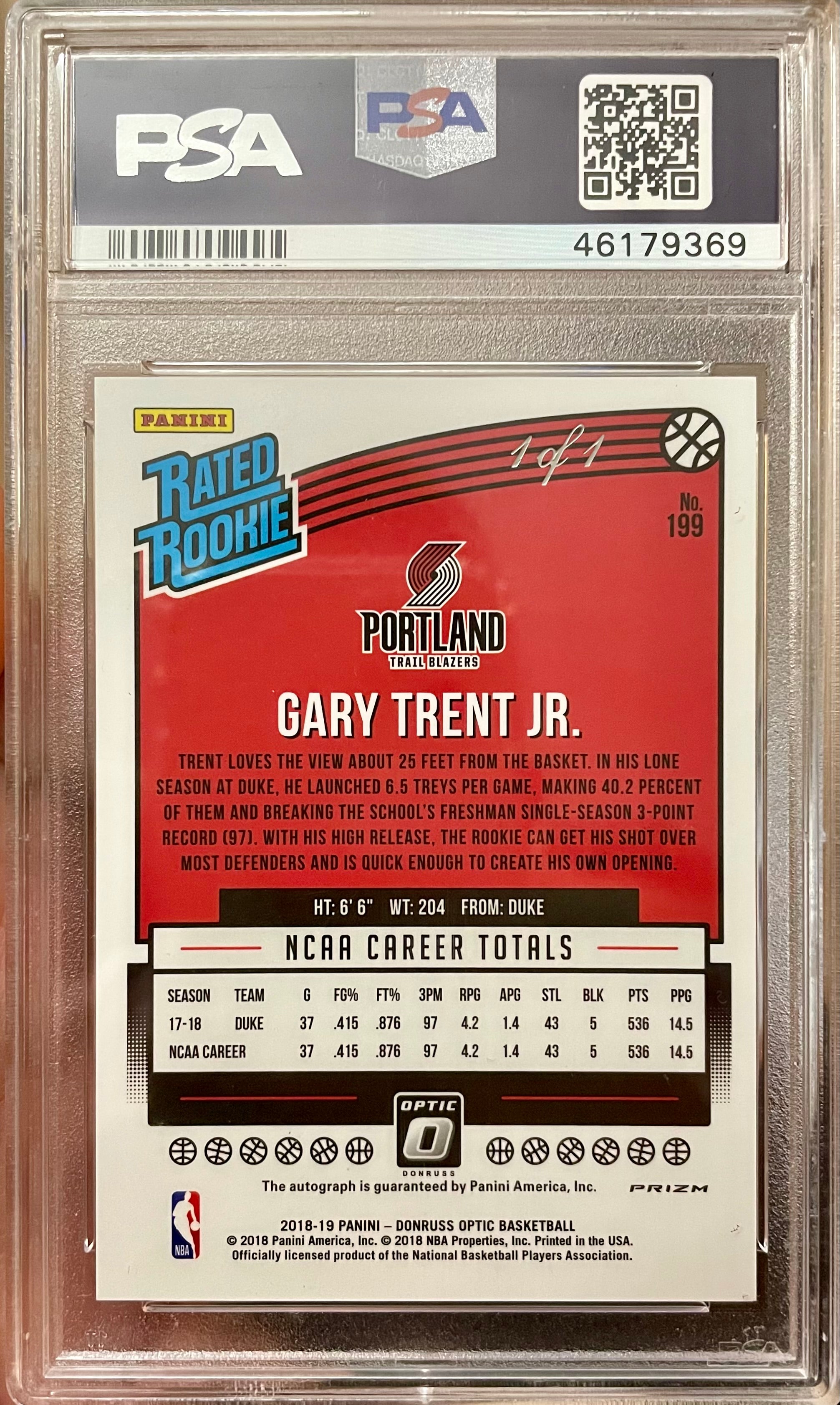 GARY TRENT JR 2018-19 OPTIC BLACK PRIZM #1/1 RATED ROOKIE AUTO PSA 10 AUTOGRAPH