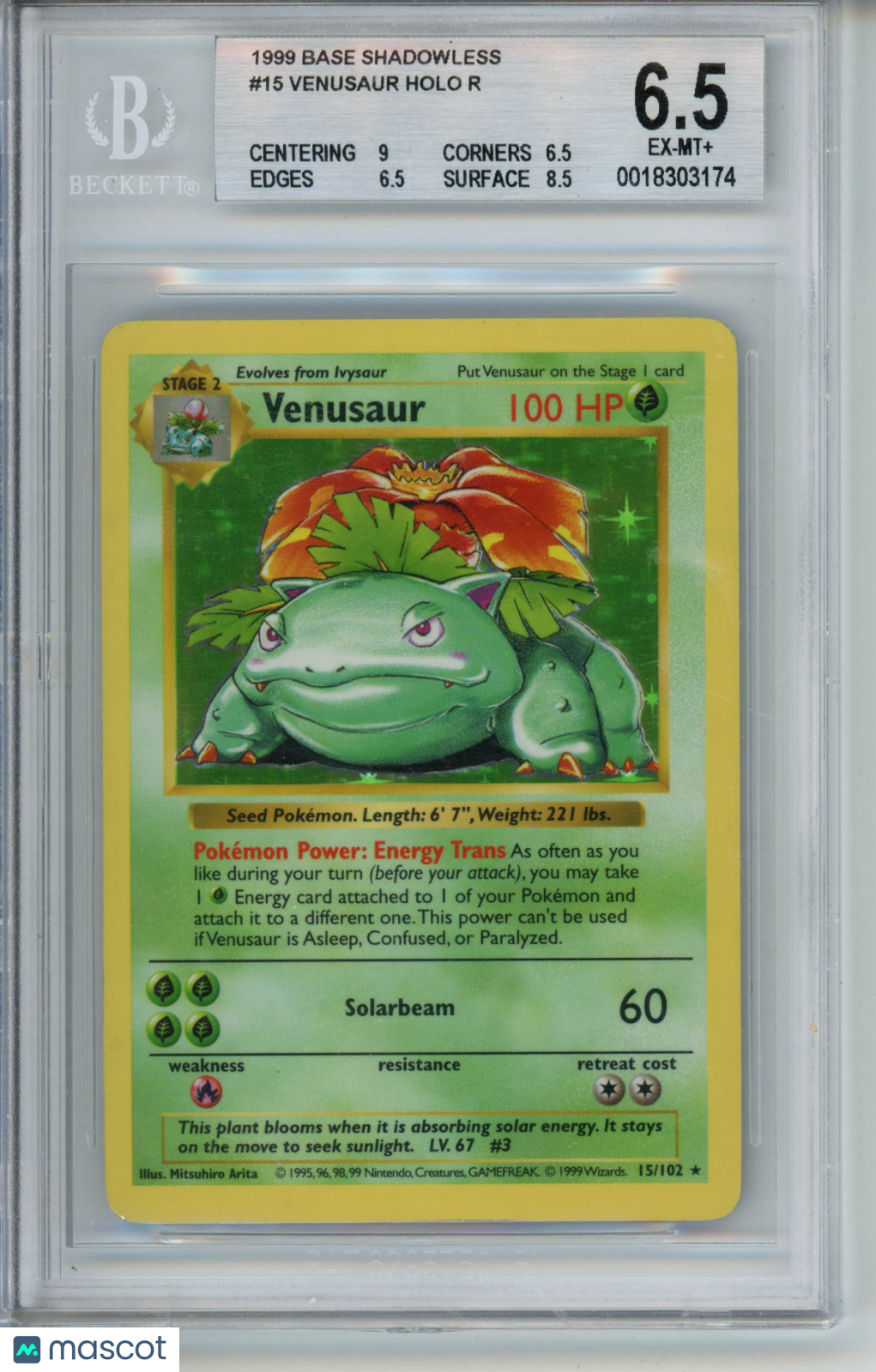 1999 Pokemon Base Set Venusaur Shadowless HOLO #15 BGS 6.5