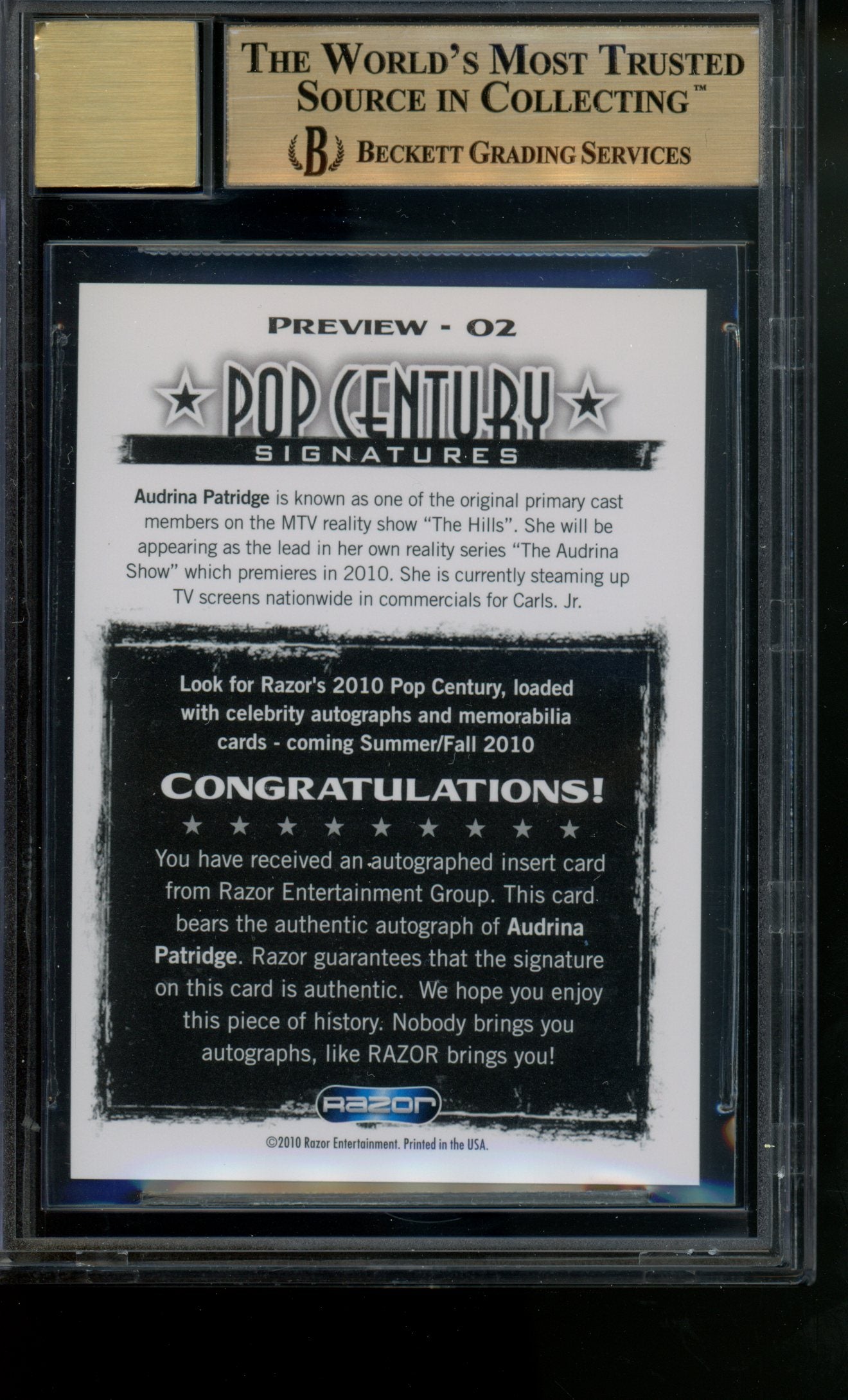 2010 Pop Century Signatures Preview Ink Vault Audrina Patridge Auto BGS 9.5/10