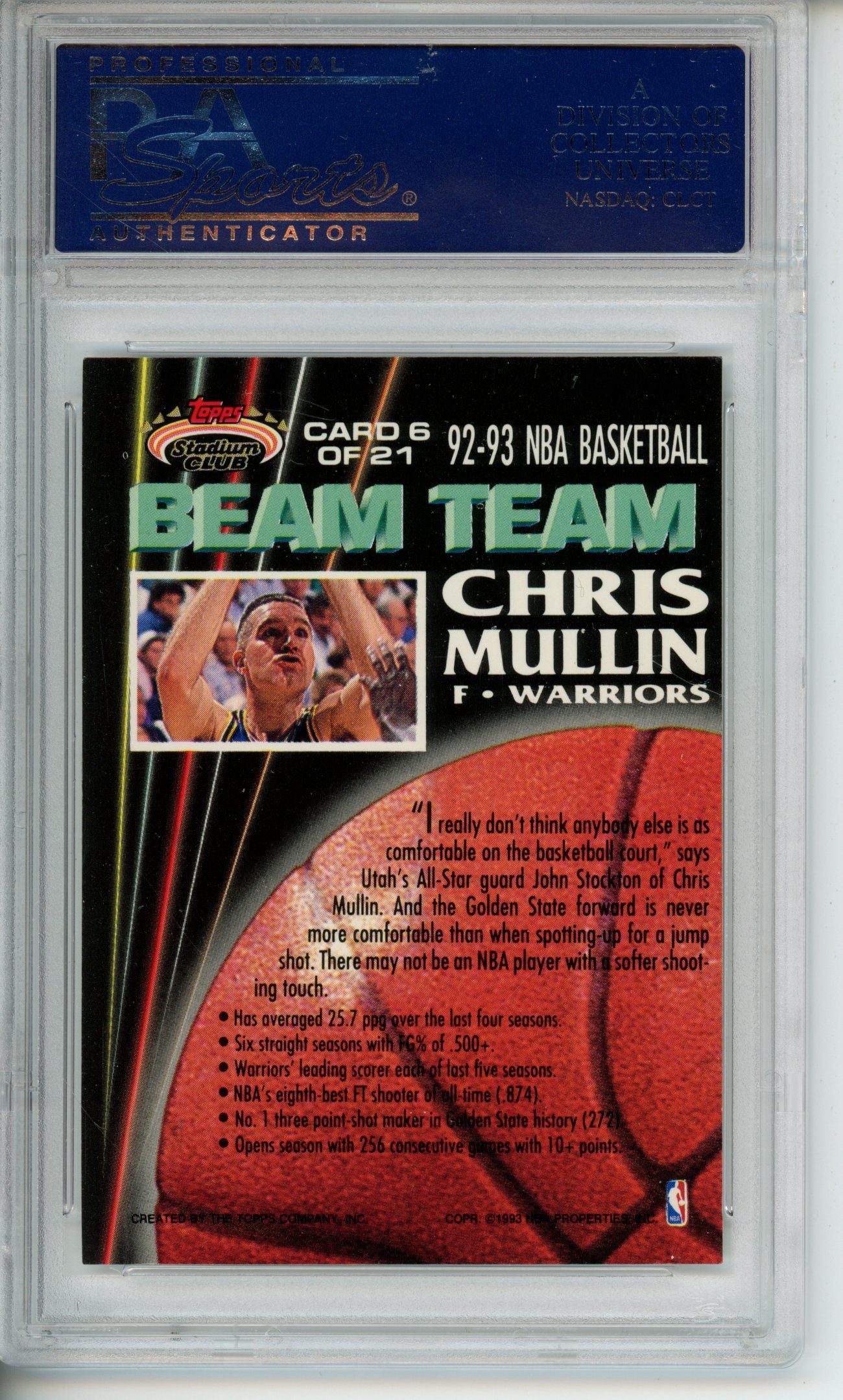 1992-93 Stadium Club Chris Mullin #6 Beam Team PSA 10 Gem Warriors HOF