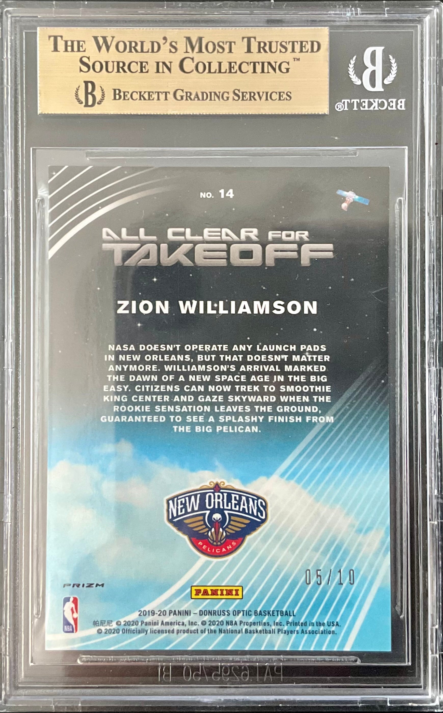 2019  Optic All Clear for Takeoff Gold Prizm Zion Williamson /10 Rookie BGS 9.5