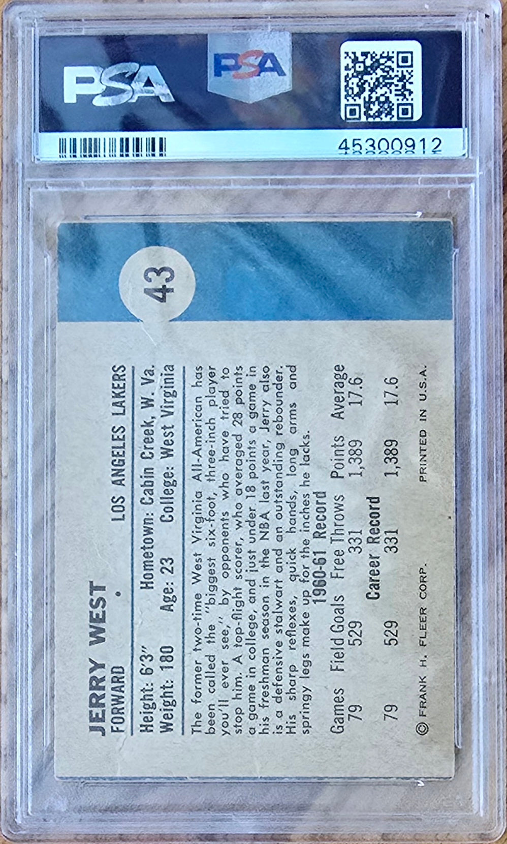 1961 Fleer Jerry West #43 Rookie PSA Auth Auto 10 Inscription HOF / USA GOLD
