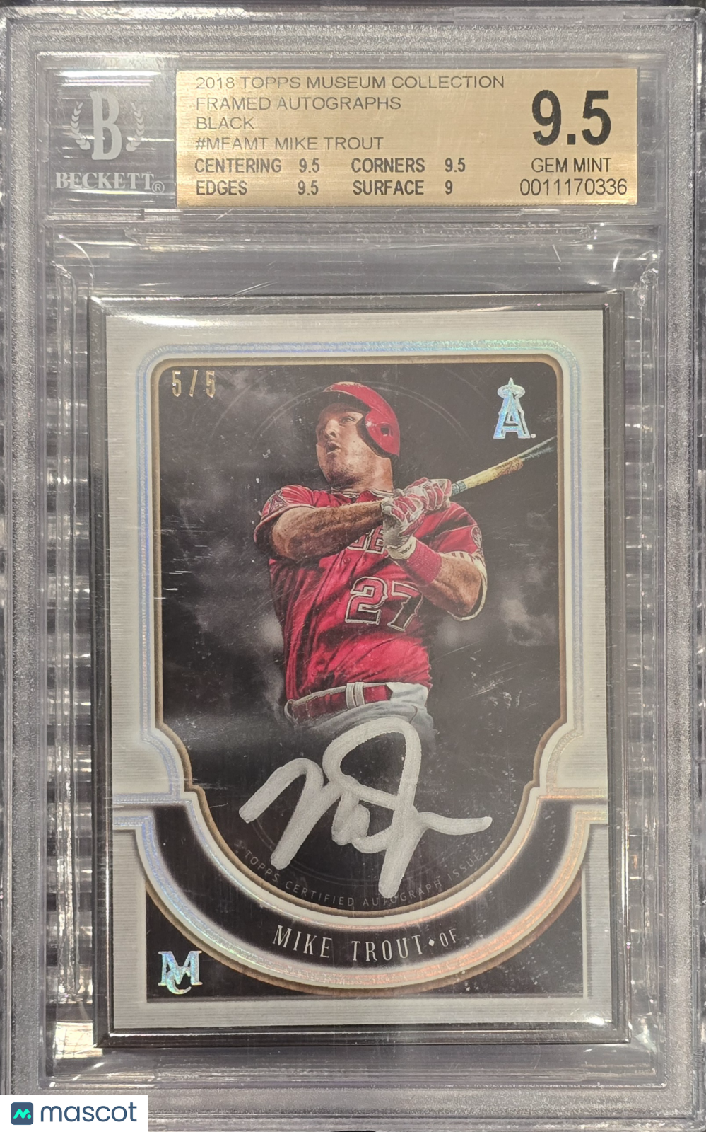 2018 Topps Museum Coll Framed Black Mike Trout #5/5 BGS 9.5 Silver Auto 10