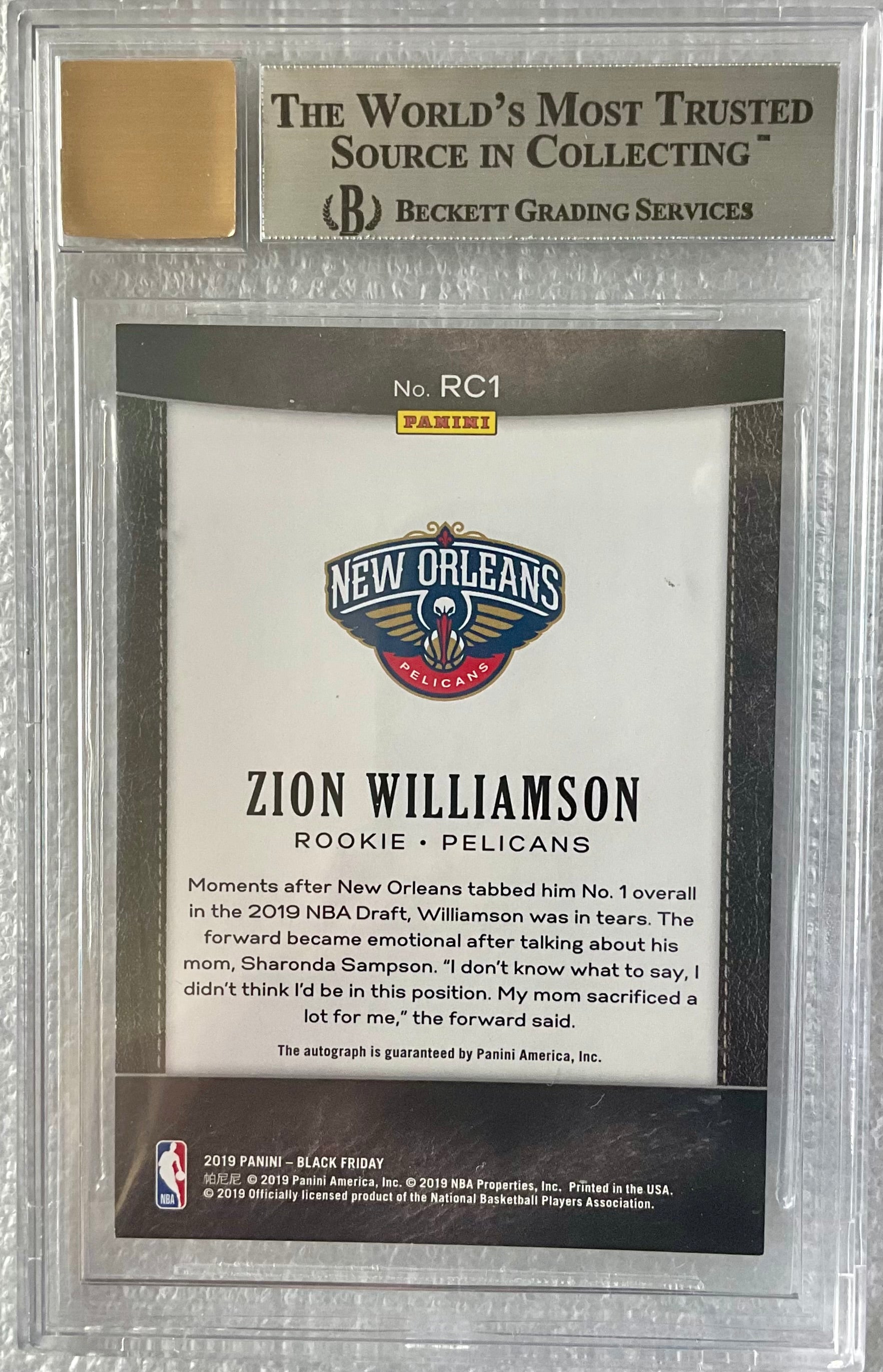 2019 Panini Black Friday Rookies Autographs Zion Williamson #/5 BGS 9/10 Auto